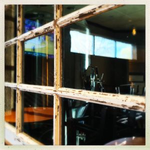 view through window of restaurant dining room